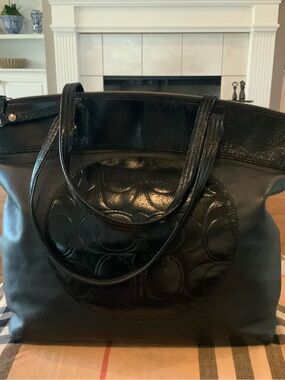 Coach Black Leather Tote with Signature Circle Motif